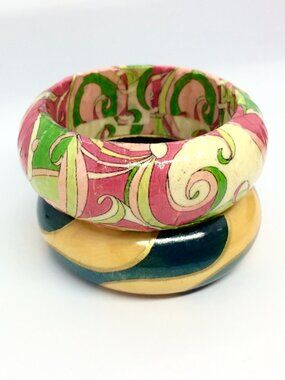 VINTAGE CHUNKY BANGLE Set Wood Plastic Paisley Wide Retro Statement Bracelet